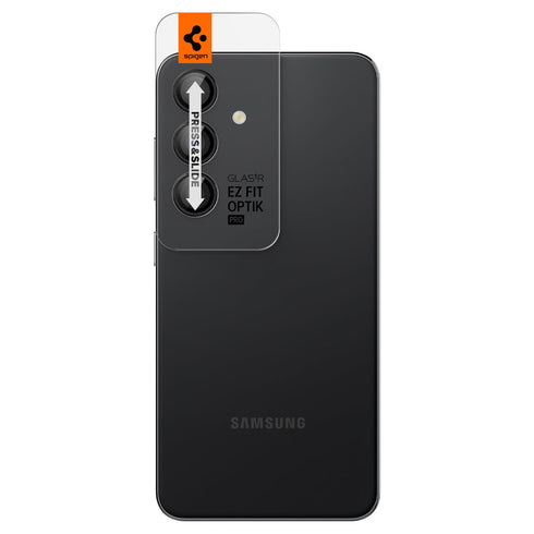 AGL07425 - Galaxy S24 Ultra Optik Pro EZ Fit Lens Protector in Black showing the camera lens protector hovering above another lens protector tray and device showing back